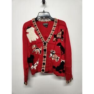 Vintage Berek Women's Dod Figurines Knit Cardigan Sweater, Size M, In Red Multi